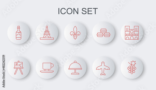 Set line Grape fruit, Easel or painting art boards, Fleur De Lys, Plane, Bottles of wine, Eiffel tower, Coffee cup and Covered with tray icon. Vector