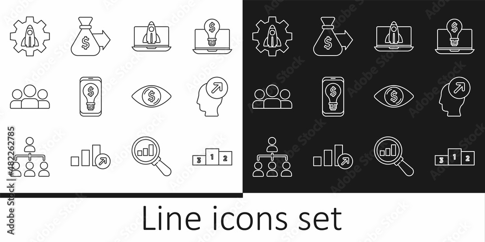 Set line Business podium, Head hunting concept, Startup project, Light bulb with dollar mobile, Users group, Eye and Money bag icon. Vector