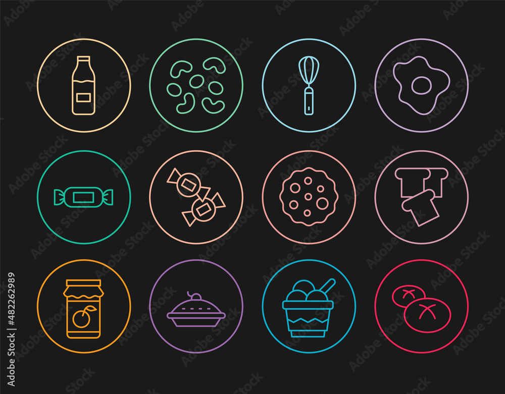 Set line Bread loaf, toast, Kitchen whisk, Candy, Bottle with milk, Cookie or biscuit and Jelly candy icon. Vector Set line Bread loaf, toast, Kitchen whisk, Candy, Bottle with milk, Cookie or biscuit and Jelly candy icon. Vector