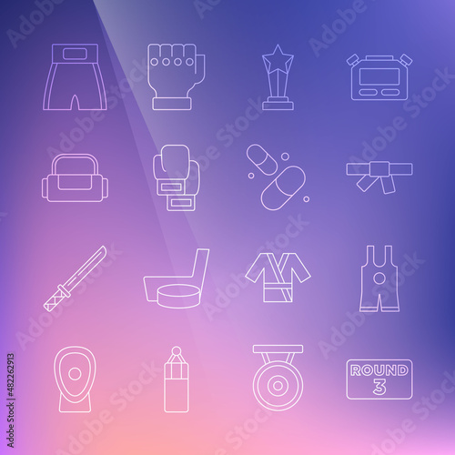 Set line Boxing ring board, Wrestling singlet, Black karate belt, Award cup, glove, Sport bag, short and Vitamin pill icon. Vector