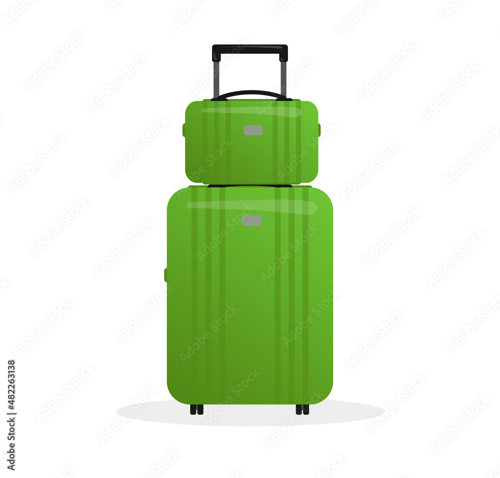 Green plastic travel suitcase in flat style isolated on white. Big colorful travel bag. Green plastic travel suitcase in flat style isolated on white. Big colorful travel bag.