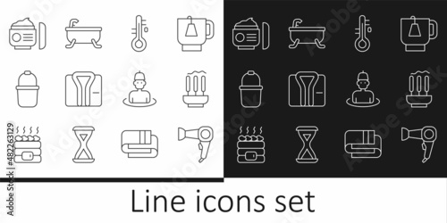 Set line Hair dryer, Incense sticks, Sauna thermometer, Bathrobe, bucket, Cream or lotion cosmetic tube, Man in sauna and Bathtub icon. Vector