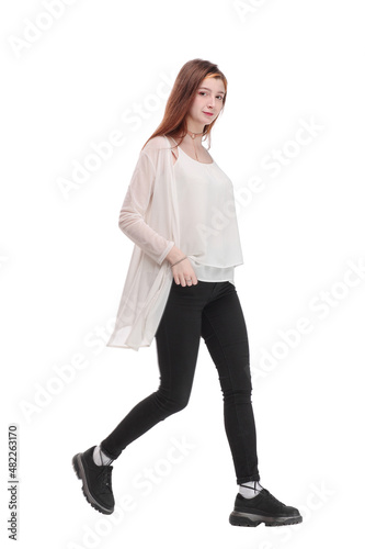 Attractive young girl model in motion isolated on white background