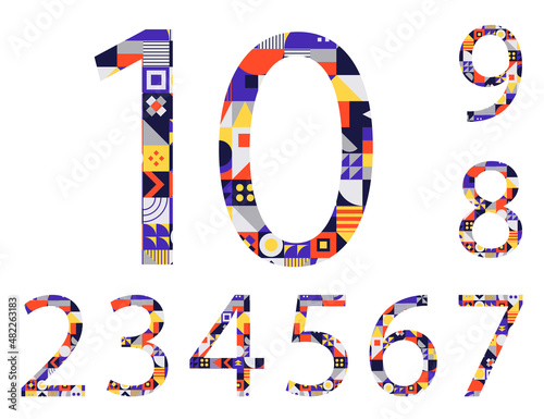 Set of numbers from 0 to 9 by multicolored geometric shapes isolated on white. Neo geo