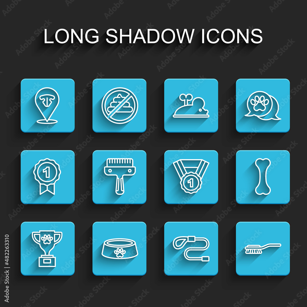 Set line Pet award, food bowl, Cat nose, Retractable cord leash, Hair brush for dog and cat, Dog bone and symbol icon. Vector Set line Pet award, food bowl, Cat nose, Retractable cord leash, Hair brush for dog and cat, Dog bone and symbol icon. Vector