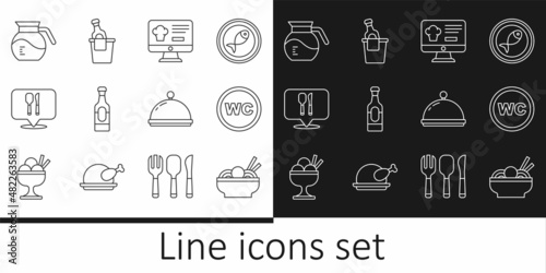 Set line Asian noodles in bowl, Toilet, Online ordering and delivery, Wine bottle, Cafe restaurant location, Coffee pot, Covered with tray and Champagne ice bucket icon. Vector