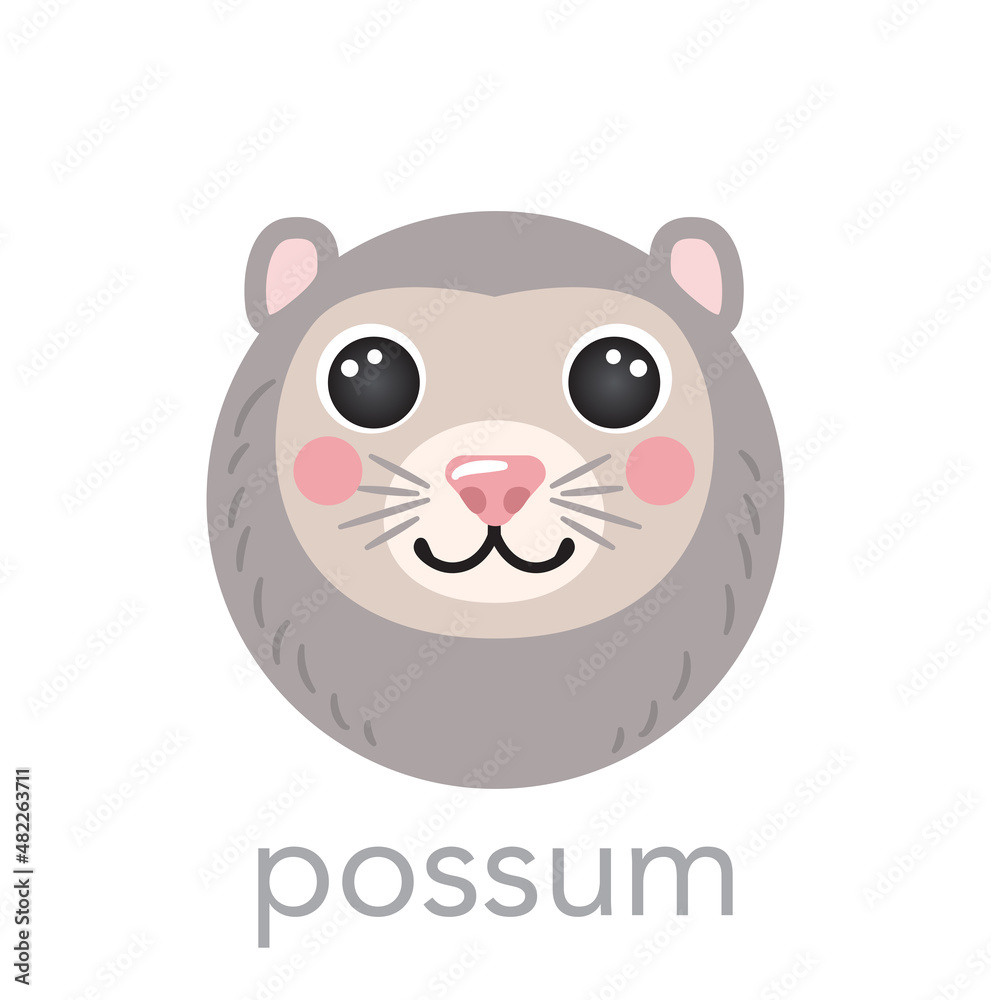 Possum Cute portrait with name text smile head cartoon round shape animal face, isolated vector avatar character icon illustrations on white background. Flat simple for kids poster, baby clothes Possum Cute portrait with name text smile head cartoon round shape animal face, isolated vector avatar character icon illustrations on white background. Flat simple for kids poster, baby clothes