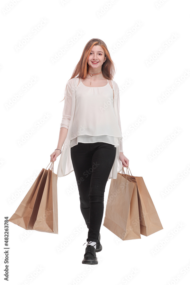 Full length profile photo of attractive lady carry many shopping packs Full length profile photo of attractive lady carry many shopping packs