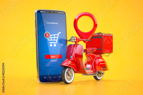 Fast online express delivery concept. Red scooter with delivery bag  and  mobile app on the screen of smartphone.