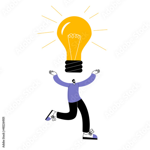 A joyful man walks with ideas over his head. The concept of vector illustration on the topic of new ideas.