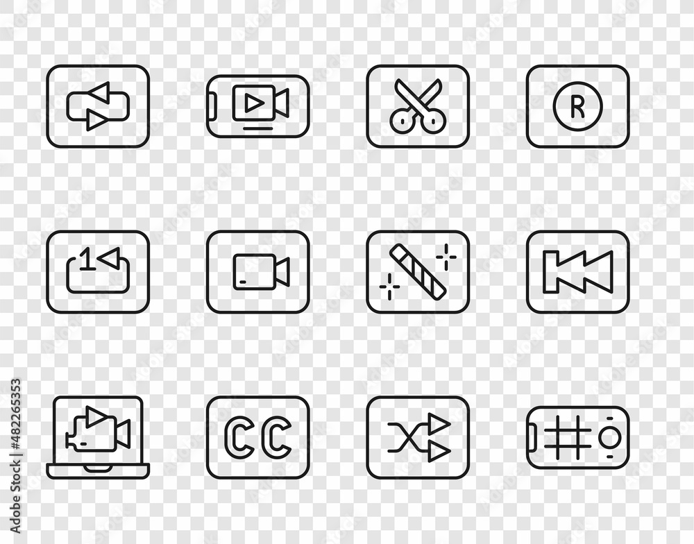 Set line Online play video, Selfie on mobile, Music or editing, Subtitles, Repeat button, Play, Arrow shuffle and Rewind icon. Vector