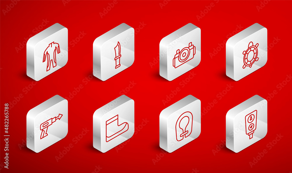 Set line Gauge scale, Diving knife, Photo camera for diver, Turtle, Life jacket, Wetsuit scuba diving, Boots and Fishing harpoon icon. Vector Set line Gauge scale, Diving knife, Photo camera for diver, Turtle, Life jacket, Wetsuit scuba diving, Boots and Fishing harpoon icon. Vector