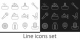 Set line Location with anchor, Smoking pipe, Floating buoy, Cruise ship, Spyglass telescope lens, Shark fin ocean wave, Submarine and Sinking cruise icon. Vector