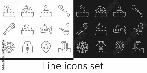 Set line Location with anchor, Smoking pipe, Floating buoy, Cruise ship, Spyglass telescope lens, Shark fin ocean wave, Submarine and Sinking cruise icon. Vector