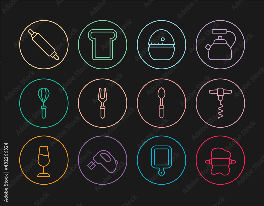 Set line Rolling pin on dough, Wine corkscrew, Kitchen timer, Barbecue fork, whisk, Teaspoon and Bread toast icon. Vector Set line Rolling pin on dough, Wine corkscrew, Kitchen timer, Barbecue fork, whisk, Teaspoon and Bread toast icon. Vector
