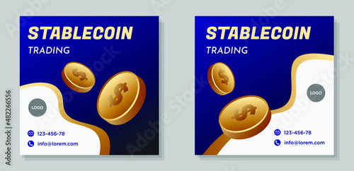 Stablecoin trading social media post banner set, crypto currency advertisement concept, stock market abstract square ad, USD coin token flyer leaflet concept, isolated