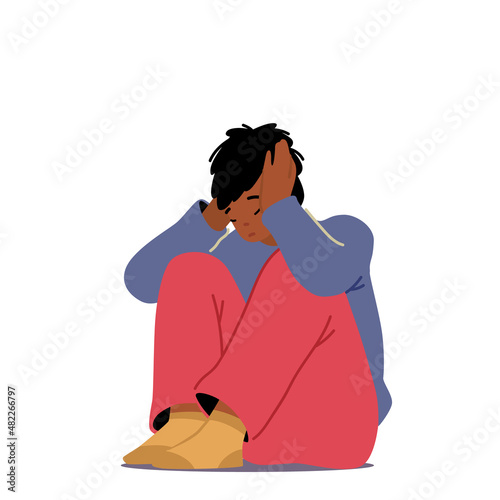 Family Problems, Abuse, Bullying Concept. Little Child Character Sit on Floor Crying with Covered Ears. Depressed Boy