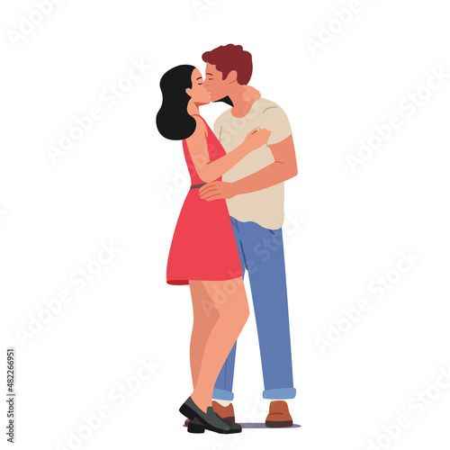 Loving Couple Kissing, Male and Female Characters Fall in Love, Dating Sparetime Isolated on White Background