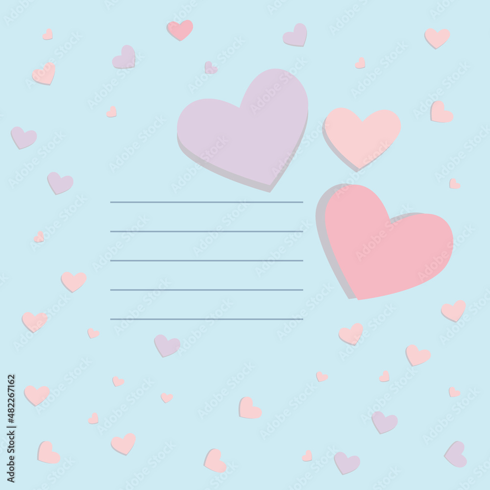 Design from multicolored hearts. Template for greeting card, sticker, notepad, notebook, packaging.