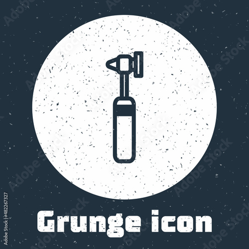 Grunge line Medical otoscope tool icon isolated on grey background. Medical instrument. Monochrome vintage drawing. Vector Illustration