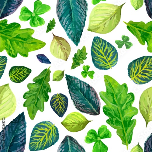 pattern of spring summer leaves, green oak, birch leaf, pine, spruce on a white background