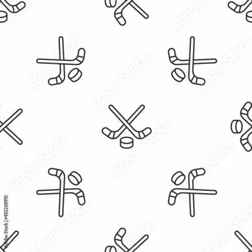 Grey line Ice hockey sticks and puck icon isolated seamless pattern on white background. Game start. Vector