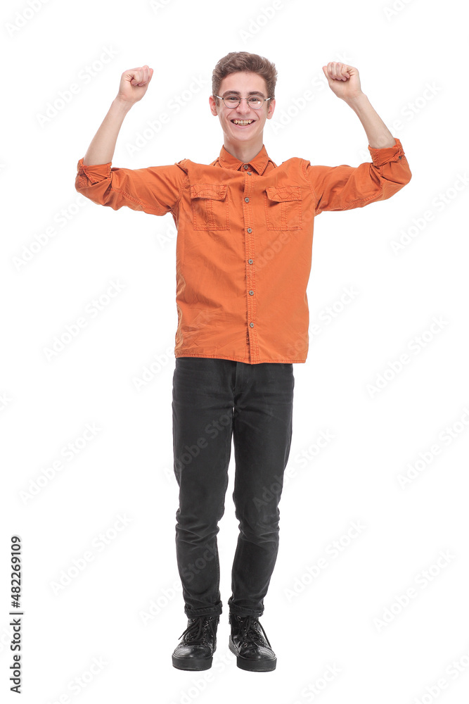 Handsome casual man showing excitement isolated on white background