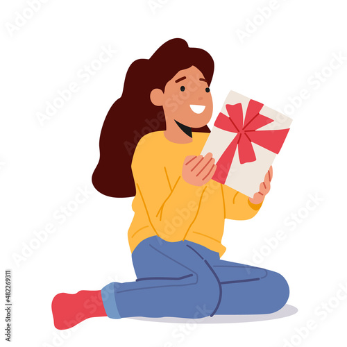 Kid Unboxing Birthday or Christmas Present. Excited Girl Opening Wrapped Gift Box. Holidays Congratulations