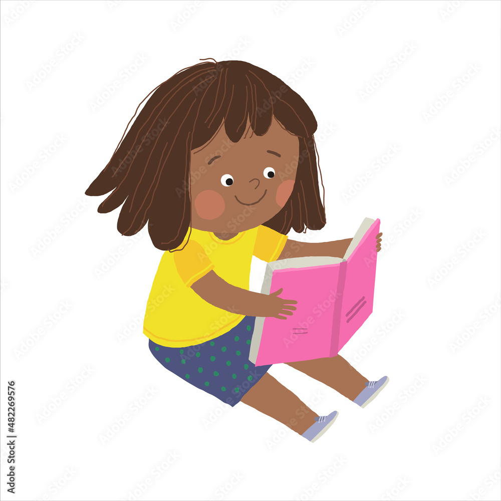 Cute little girl sitting on floor and reading book. Cartoon vector hand ...
