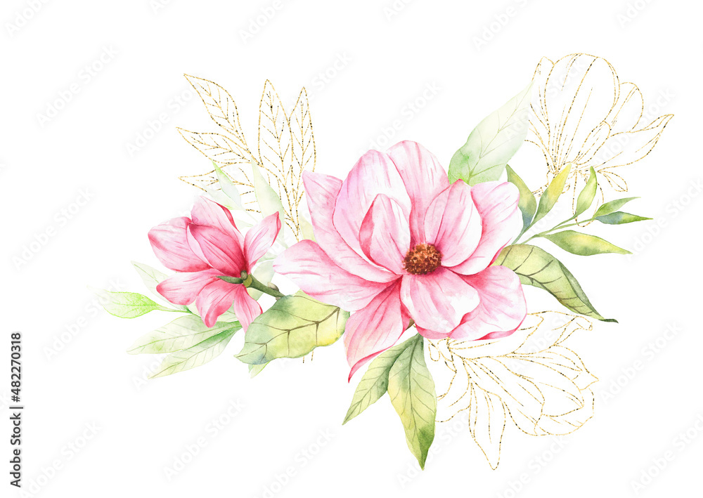 Magnolia Flower Watercolor Illustration, Magnolia Bouquet, Pink Magnolia Branch, Watercolor Floral Illustration isolated on white