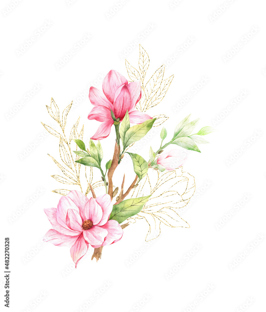 Magnolia Flower Watercolor Illustration, Magnolia Bouquet, Pink Magnolia Branch, Watercolor Floral Illustration isolated on white