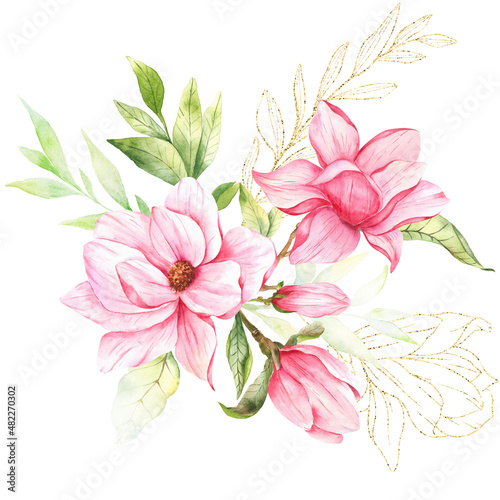 Magnolia Flower Watercolor Illustration, Magnolia Bouquet, Pink Magnolia Branch, Watercolor Floral Illustration isolated on white