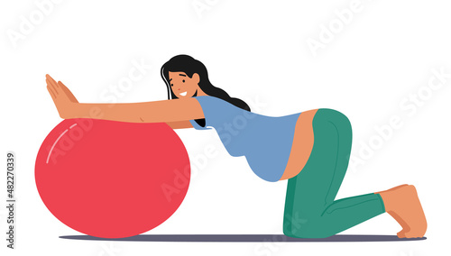 Pregnant Woman Character Doing Exercises with Fitball, Fitness during Pregnancy Concept. Expecting Mother with Big Tummy