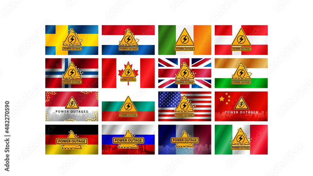 Set of country flags, Power outage, yellow warning sign on the background of the flags