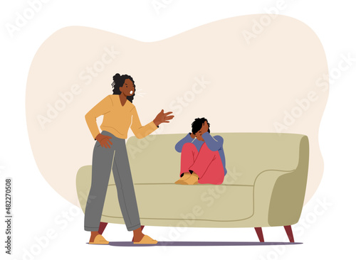 Angry African Mother Character Scold Son who Closing Ears with Hands Sit on Couch. Offended Stubborn Boy Ignore Mom