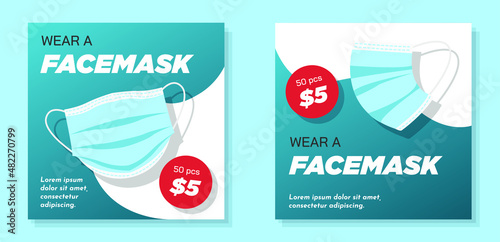 COVID-19 mouth mask social media post banner set, corona face protection advertisement concept, surgical health abstract square ad, global pandemic flyer leaflet concept, isolated