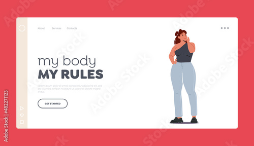 Attractive Plump Female Character Landing Page Template. Over Size Fashion for Women, Lady Dressed in Grey Pants