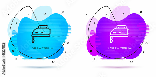 Line Electric jigsaw with steel sharp blade icon isolated on white background. Power tool for woodwork. Abstract banner with liquid shapes. Vector