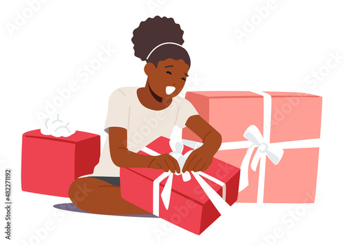 Happy African Girl Unpacking Birthday Gift Boxes. Excited Kid Character Receiving Presents Wrapped with Ribbon, Surprise