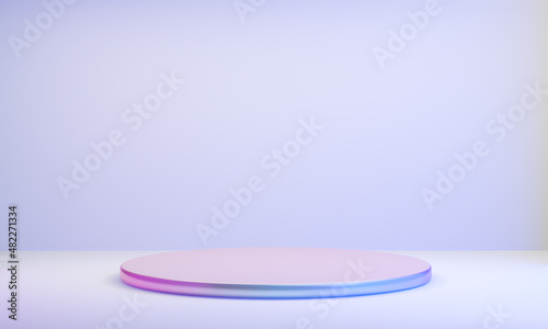 Fototapeta Naklejka Na Ścianę i Meble -  Hologram color podium circle display background pink blue light with clean wall in purple theme. 3D illustration rendering.