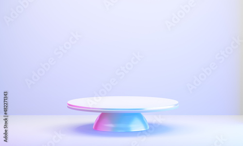 Hologram color podium circle display background pink blue light with clean wall in purple theme. 3D illustration rendering.