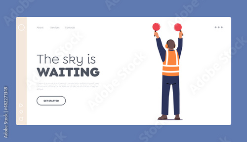 Traffic Control Landing Page Template. Airport Marshaller Male Character with Light Signs Signaling to Plane at Runway