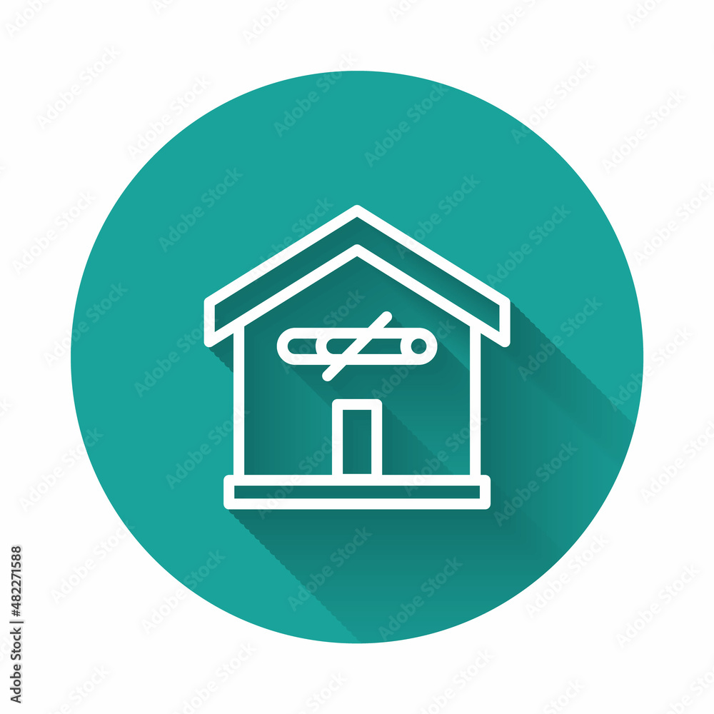 White line No smoking at home icon isolated with long shadow background. Area no smoking house. Green circle button. Vector White line No smoking at home icon isolated with long shadow background. Area no smoking house. Green circle button. Vector