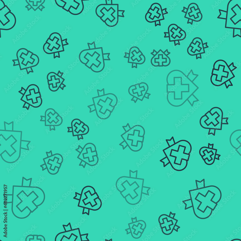Black line Heart with a cross icon isolated seamless pattern on green background. First aid. Healthcare, medical and pharmacy sign. Vector Black line Heart with a cross icon isolated seamless pattern on green background. First aid. Healthcare, medical and pharmacy sign. Vector