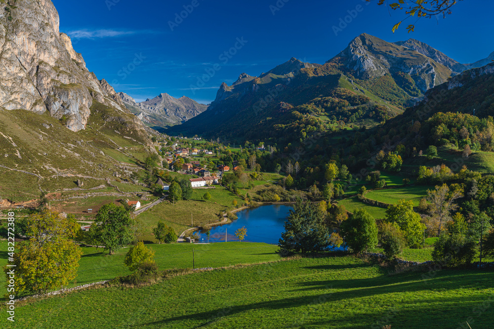View of the beautiful town of Valle de Lago in the Asturian council of Somiedo. 