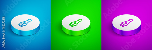 Isometric line Soju bottle icon isolated on blue, green and purple background. Korean rice vodka. White circle button. Vector