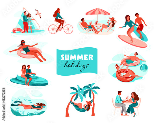 Summer holiday activities. Set of people at a beach party. People are relaxing and resting outdoors. Set of people swimming, doing sport on summer vacation. Vector illustration isolated on white
