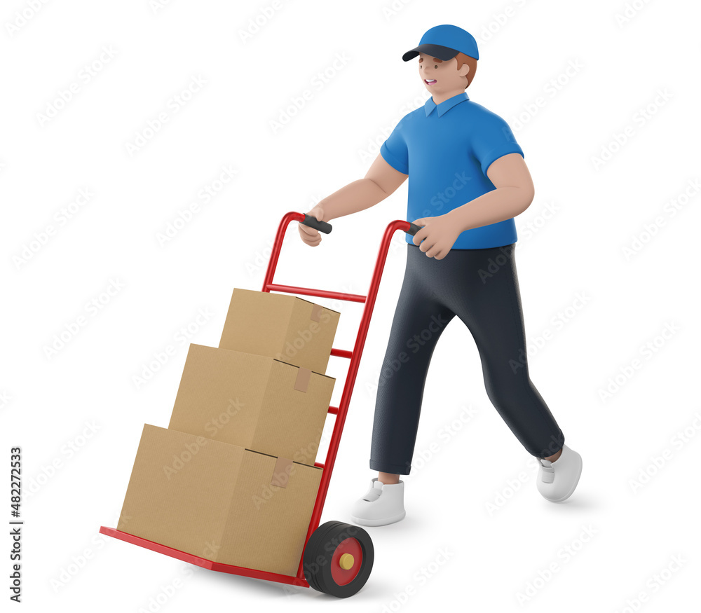 Delivery man pushing a trolley - 3D illustration Delivery man pushing a trolley - 3D illustration