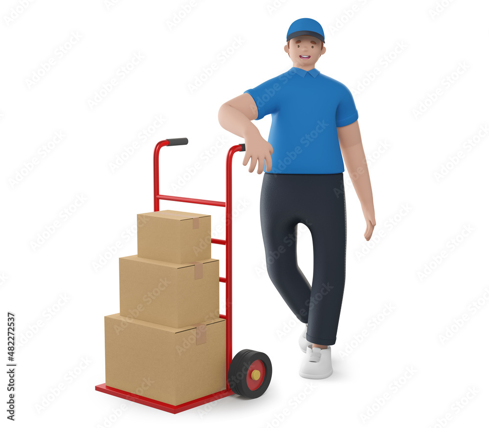 Delivery man with a trolley - 3D illustration
