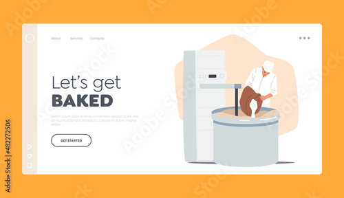 Bakery Industry Landing Page Template. Baked Food Producing, Manufacture Process. Worker in Uniform Prepare Fresh Bread